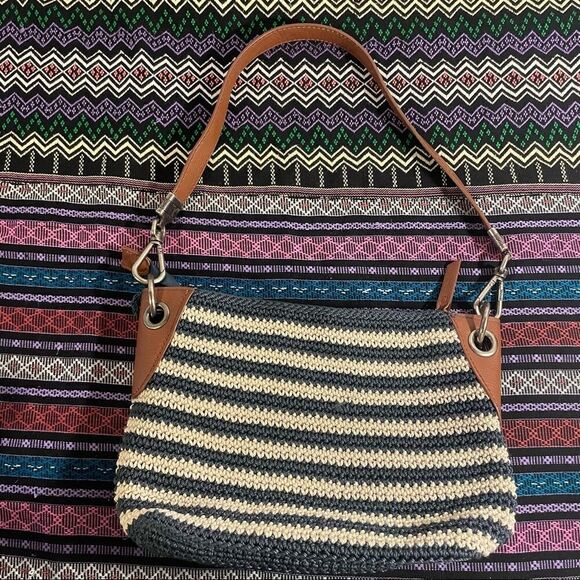 The Sak Indio Hand-crocheted striped woven bag cream navy leather shoulder bag - Picture 3 of 12